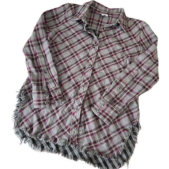 CAbi Highland Flannel Plaid Gray and Purple Button Up Frayed Hem Shirt Size S - Picture 2 of 13